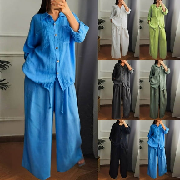 Womens Fashion New Spring and Summer V-neck Loose Lapel Long Sleeved Shirt Wide Leg Pants Solid Color Set Sleek Casual Wear