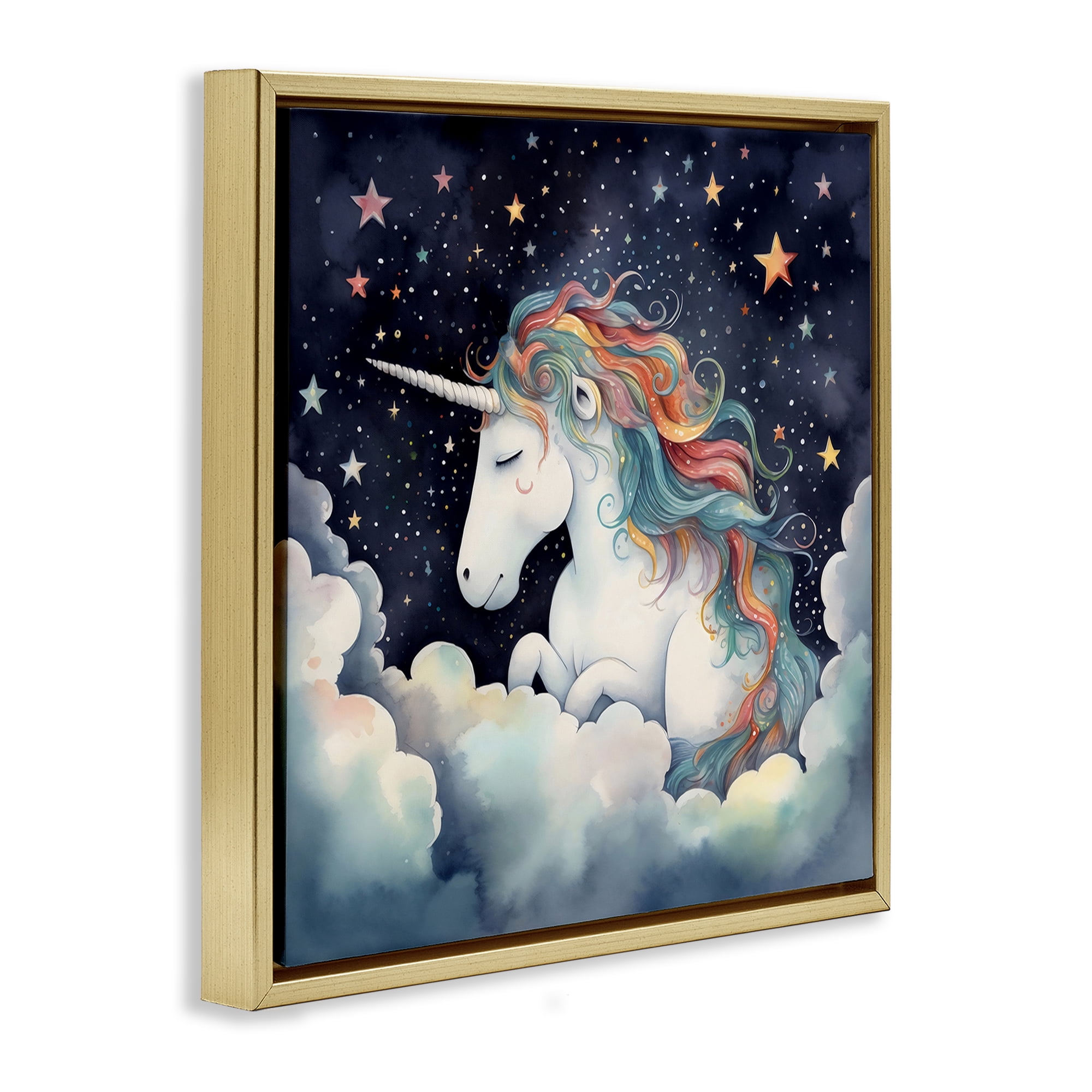 Stupell Industries Sleepy Unicorn in Starlit Clouds Gold Framed Floater Canvas Wall Art, design by Creative Studio