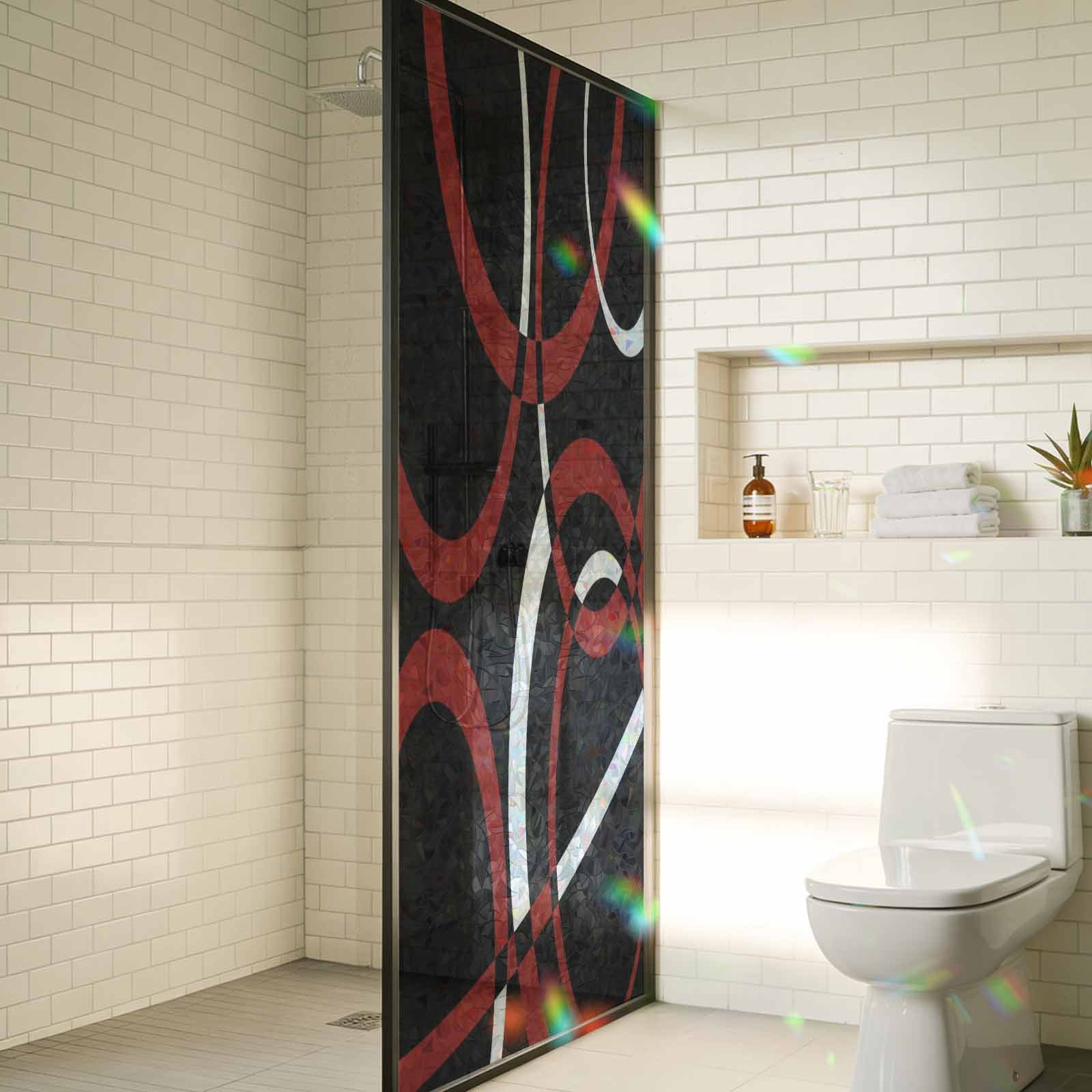 Red Geometric Window Privacy Film Stain Glass,Reusable Decorative Rainbow Window Film,Vintage Abstract Stripes Aesthetic Art Static Cling Sun Blocking Stickers Decals Covers 17.7" x 39.3" (2pcs)