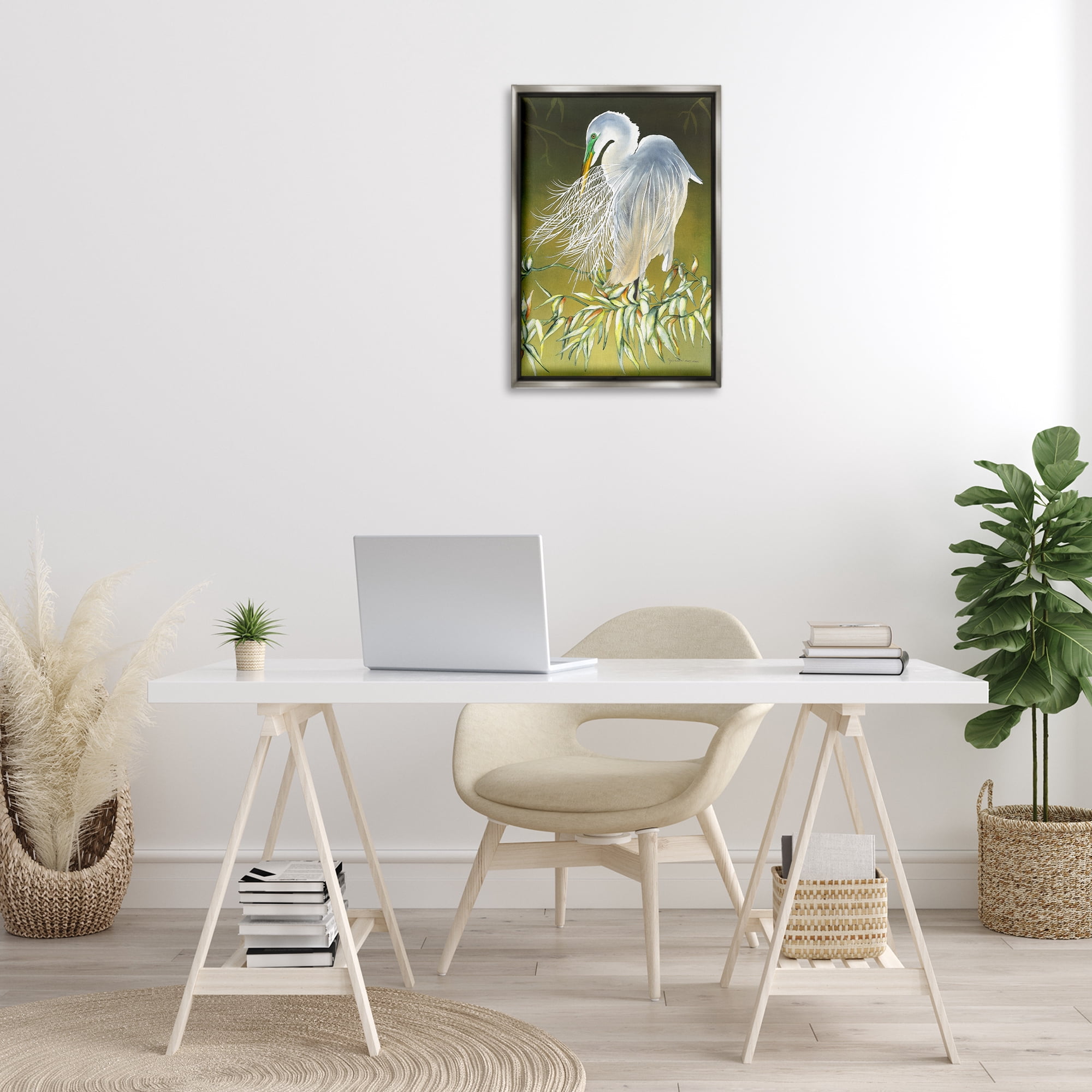 Stupell Industries Heron with Detailed Feathers Animals & Insects Painting Gray Floater Framed Canvas Art Print Wall Art, 17 x 25