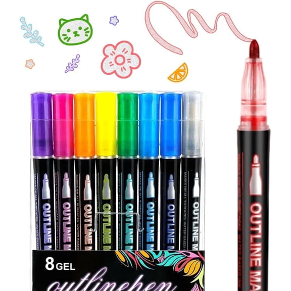 Outline Pens Metallic, Double Line Outline Art Pen Marker Pen, Dreamy Sparkle Dual-Line Contour Pen for Greeting Cards & Crafts, And Doodling
