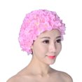 thumbnail image 1 of Gorro de baño con pétalos de flores para mujer, gorro de baño Retro, pelo largo/corto, flores hechas a mano(Rosa)(1 pieza), 1 of 3