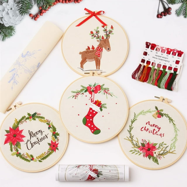Kit de bordado REEWISLY Christmas 4 Set con anillos e hilos