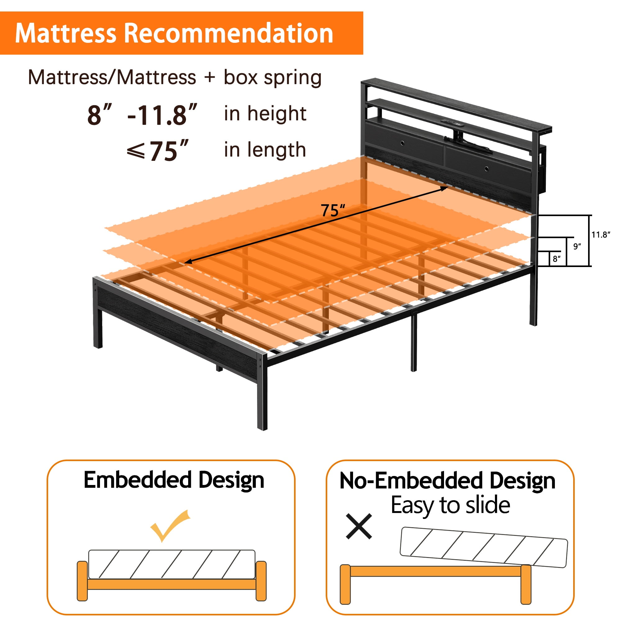 Dyzmo Full Size Bed Frame with Charging Station Storage Headboard Under Bed Storage Space, LED Platform Bed with High Headboard and Wooden Slats, No Box Spring Needed