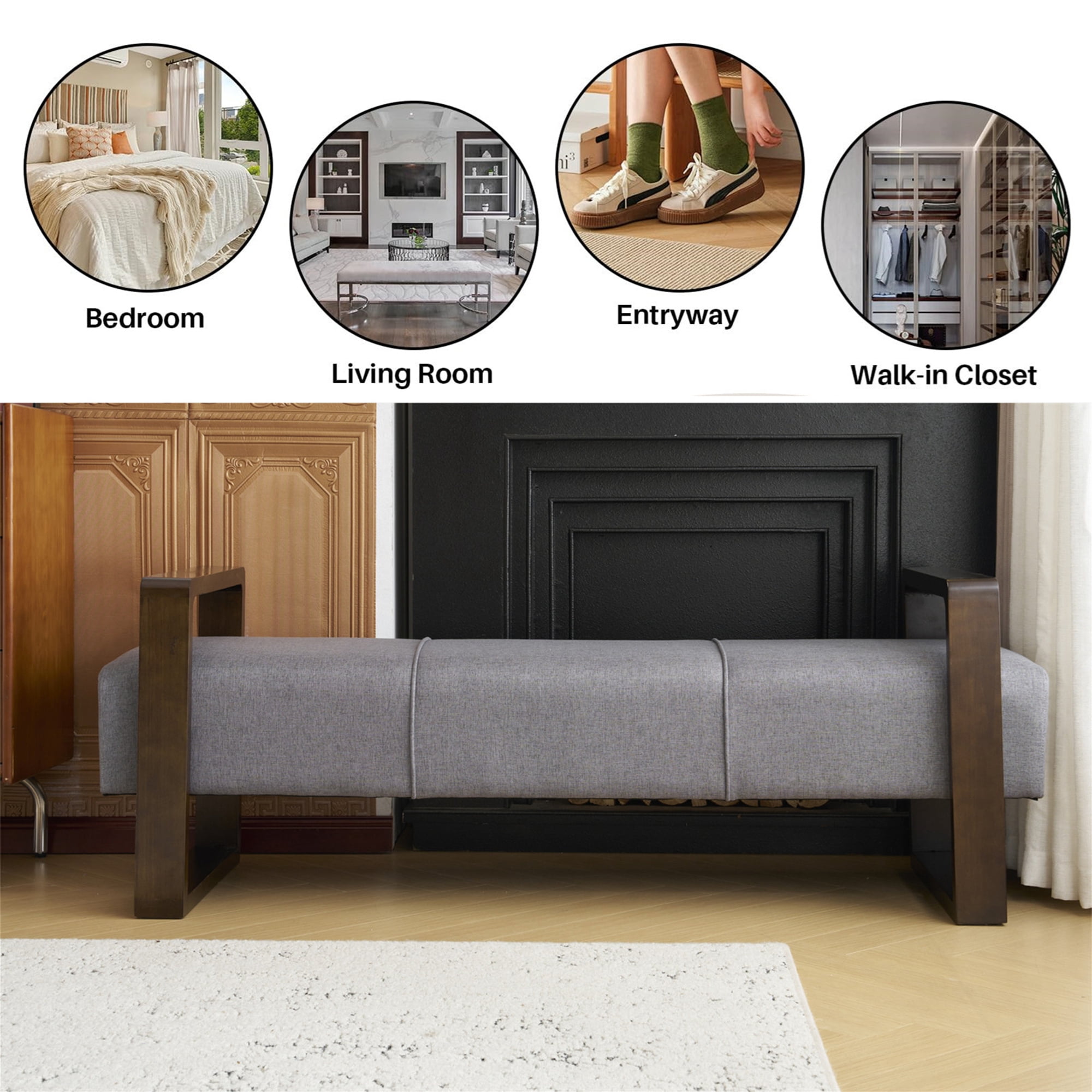Aukfa 59" End of Bed Bench for Bedroom, Entryway, Wood Legs, Hollowed-out Arm, Gray