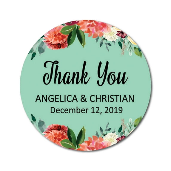 Darling Souvenir Round 45 Pcs Floral Border Thank You Stickers Personalized Bride Groom Names And Date Envelope Seals-Mint