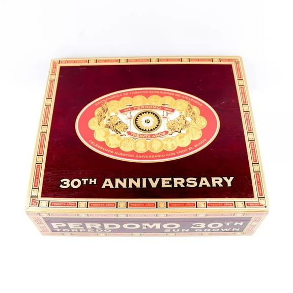 Perdomo Torpedo Sun Grown 30th Anniversary Wood Cigar Box 9.5" x 8.25" x 2.75"