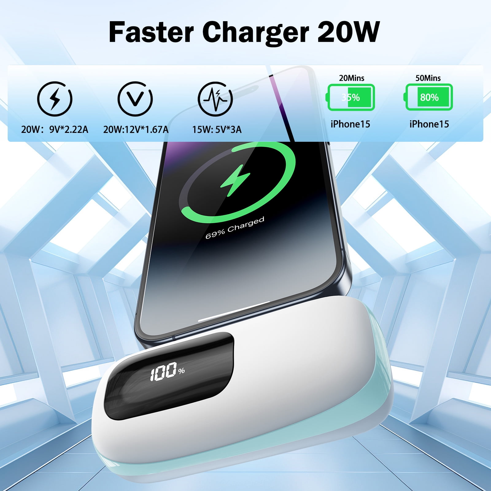 VILINICE Portable Charger 5000mAh Power Bank with LCD Display, 20W Quick Charge USB-C Battery Pack Compatible with iPhone16/15 Series, Android, Samsung, Pixel, Blue