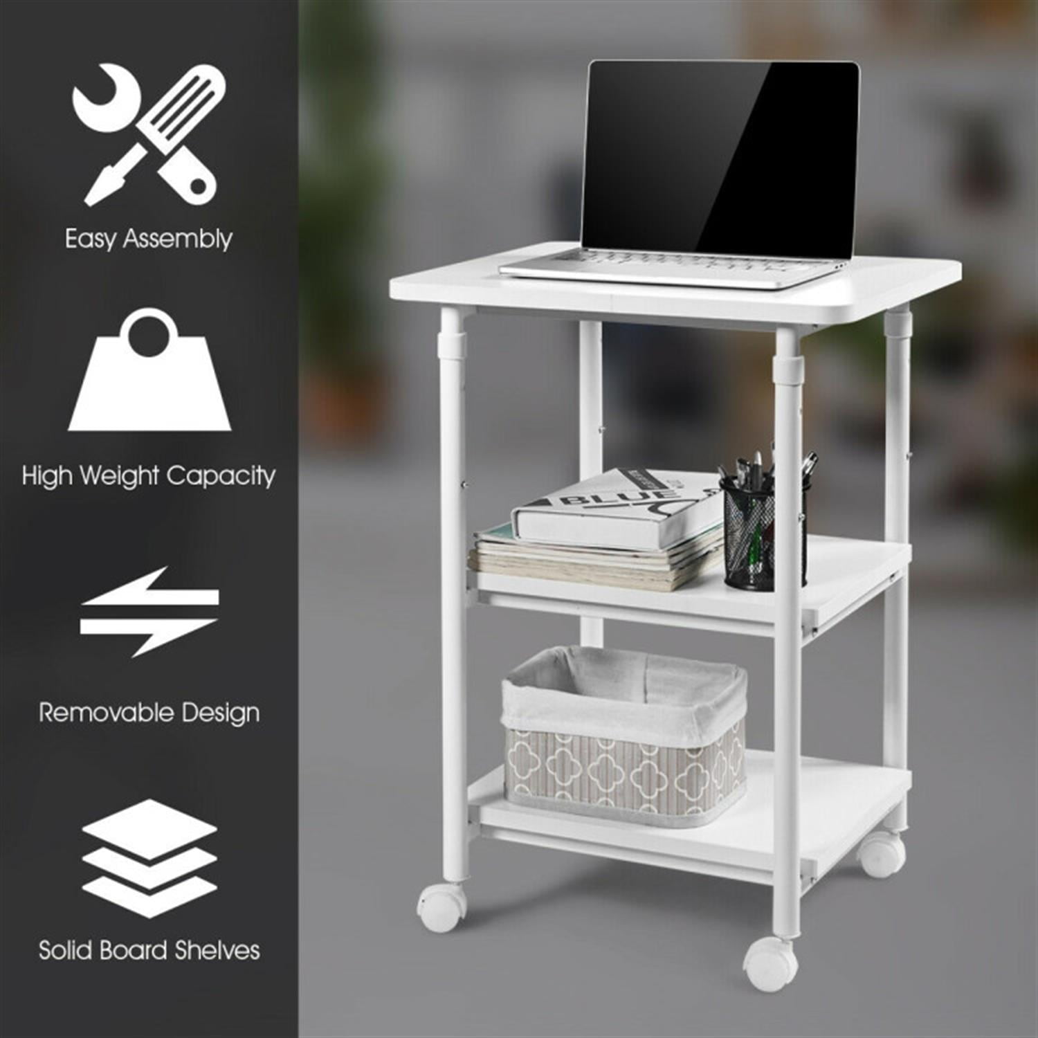 Demi Bonn 3-tier Adjustable Printer Stand with 360° Swivel Casters, Laptop Workstation for Laptops, Books, Tablets, and Art, White