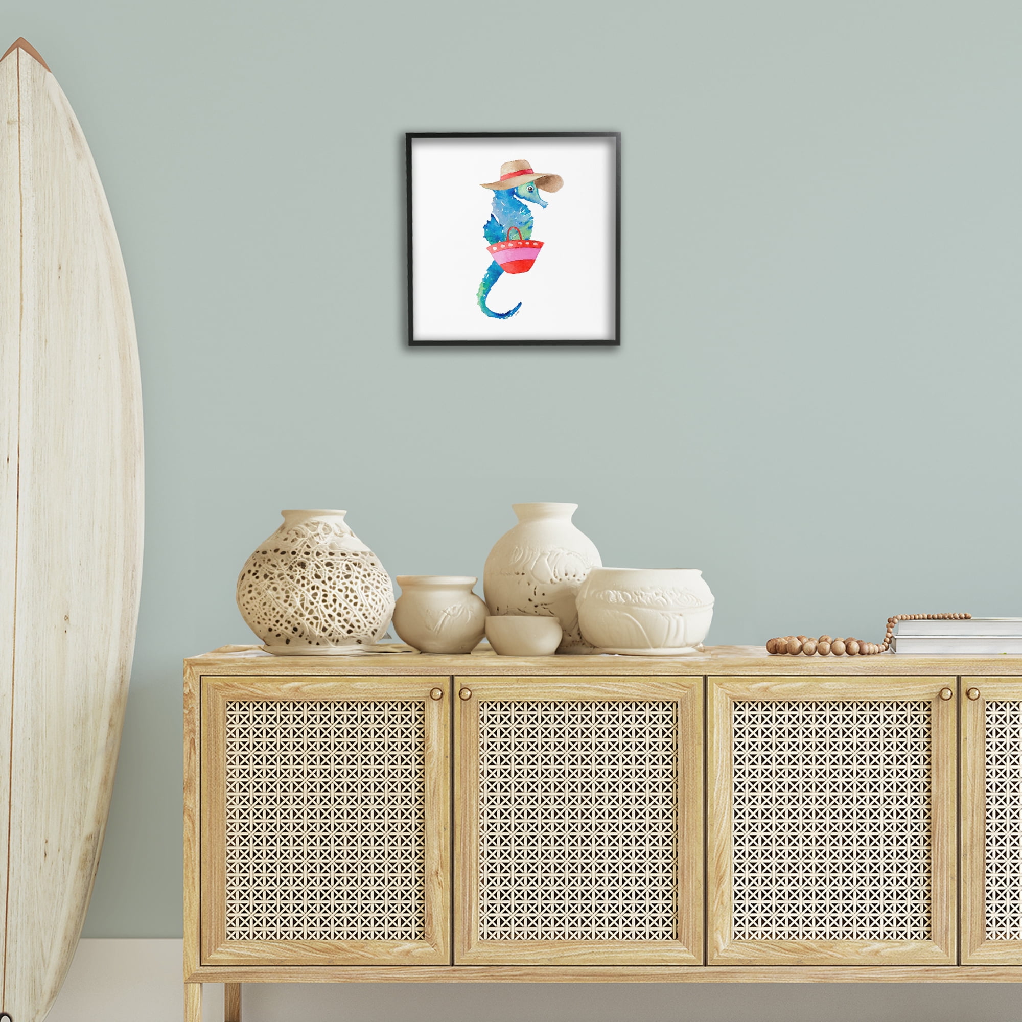 Stupell Industries Seahorse in Beach Hat Novelty Painting Black Framed Art Print Wall Art, 17 x 17