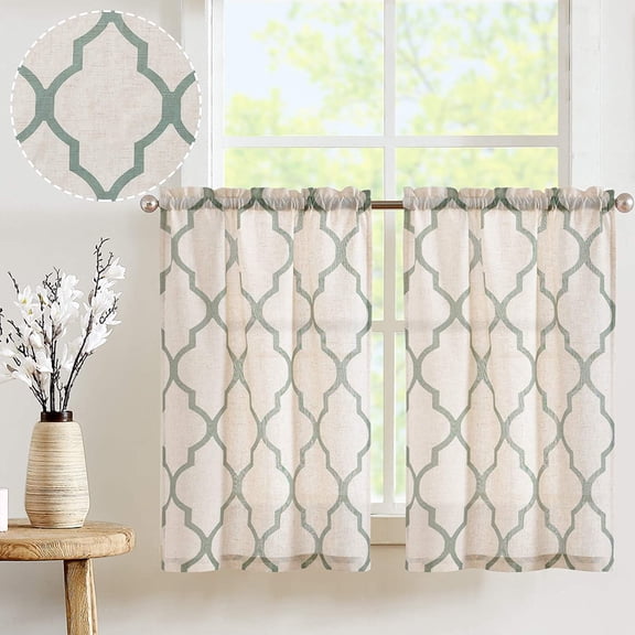 Curtainking Kitchen Curtains Moroccan Tile Print Cafe Curtains 26x36 inch ShortCurtains for Bathroom 2 Panels Sage on Flax