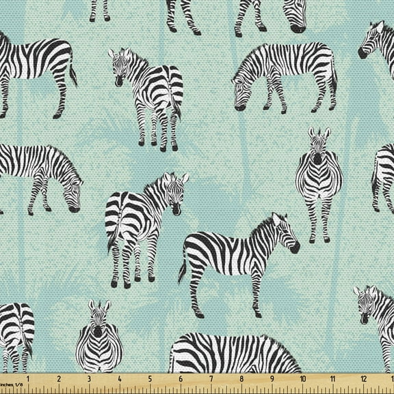 Zebra Sofa Upholstery Fabric by the Yard, Striped Endemic Horse Fauna Palm Trees, Decorative Fabric for DIY & Home Accents, 3 Yards, Seafoam Charcoal Grey by Ambesonne