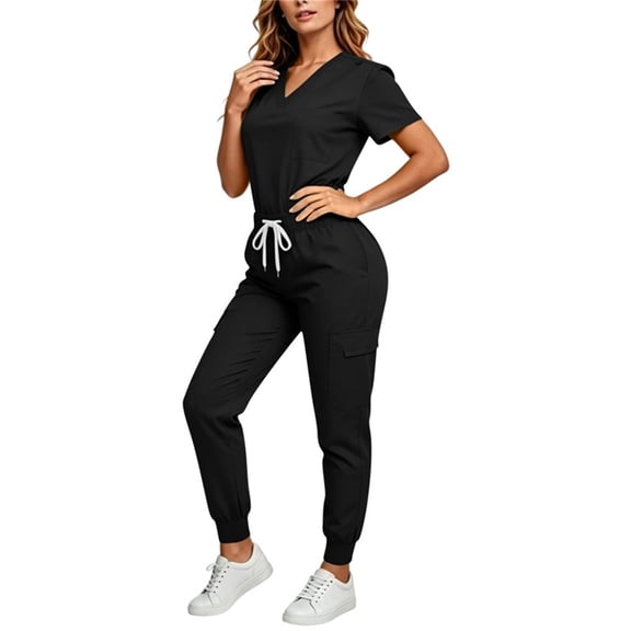 Trikvn Womens Jogger Scrub Sets V-Neck Medical Nursing Uniform Athletic Short Sleeve Top and Drawstring Sweatpants with Cargo Pockets Stretch Comfortable Workwear