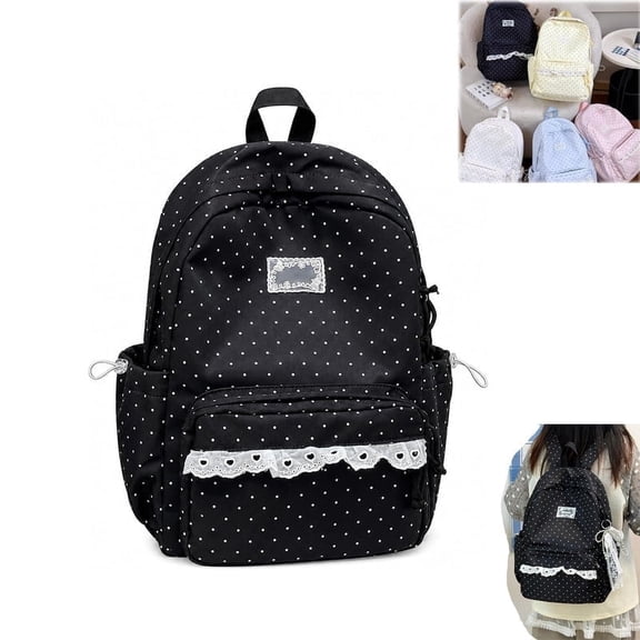 Elegant Polka Dot Lace Backpack, Cute Polka Dot Backpack, Coquette Aesthetic Bag with Padded Straps and Large Compartment for Commute
