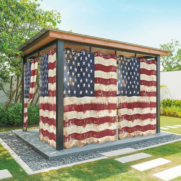 Outdoor Curtains for Patio Waterproof, American Flag Windproof Pravicy Outside Porch Blackout Curtain, Vintage Blue Red USA Flag Retro Sun Blocking Grommets Curtains for Cabana Gazebo 54"x108"