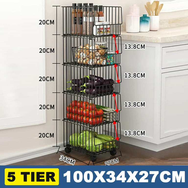 Fruit Basket for Kitchen with Wood Top 5 Tier, SAYZH Stackable Fruit and  Vegetable Storage Cart, Wire Storage Basket with Wheels, Vegetable Basket