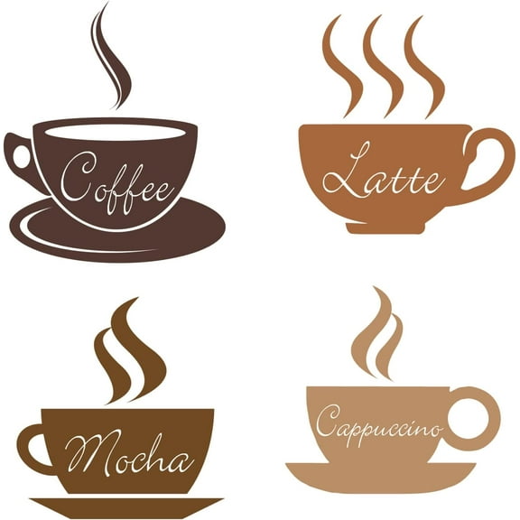4pcs Coffee Wall Stickers Latte Mocha Cappuccino Wall Decor DIY Vinyl Sign Art Decals for DIY Kitchen Coffee Bar Decor Shop Cafe Decoration Peel and Stick Wallpaper Brown