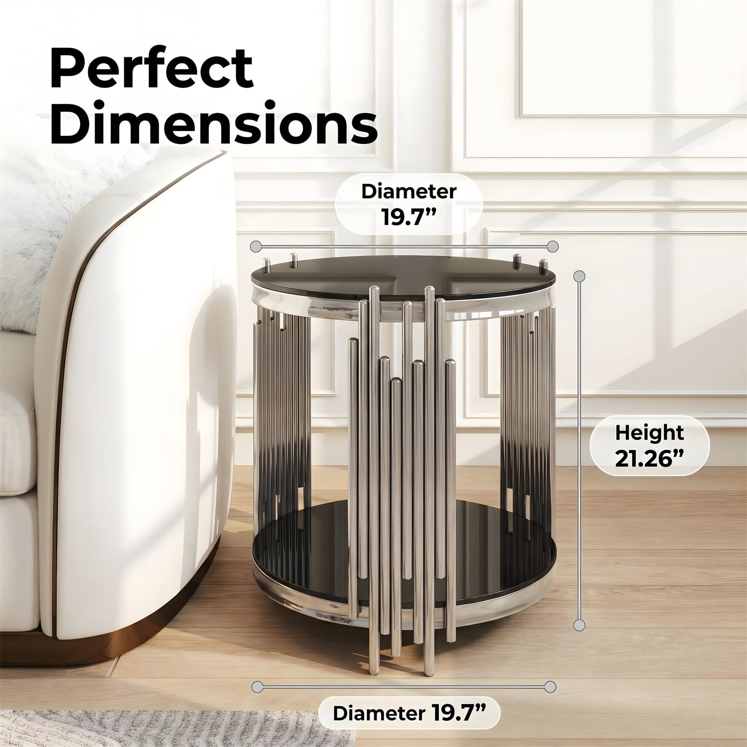 Hommoo 19.7" Round 2-Tier Glass End Table, Tempered Glass Top & Stainless Steel Legs, Modern Luxury Side Table for Living Room, Bedroom or Home Office, Black & Sliver
