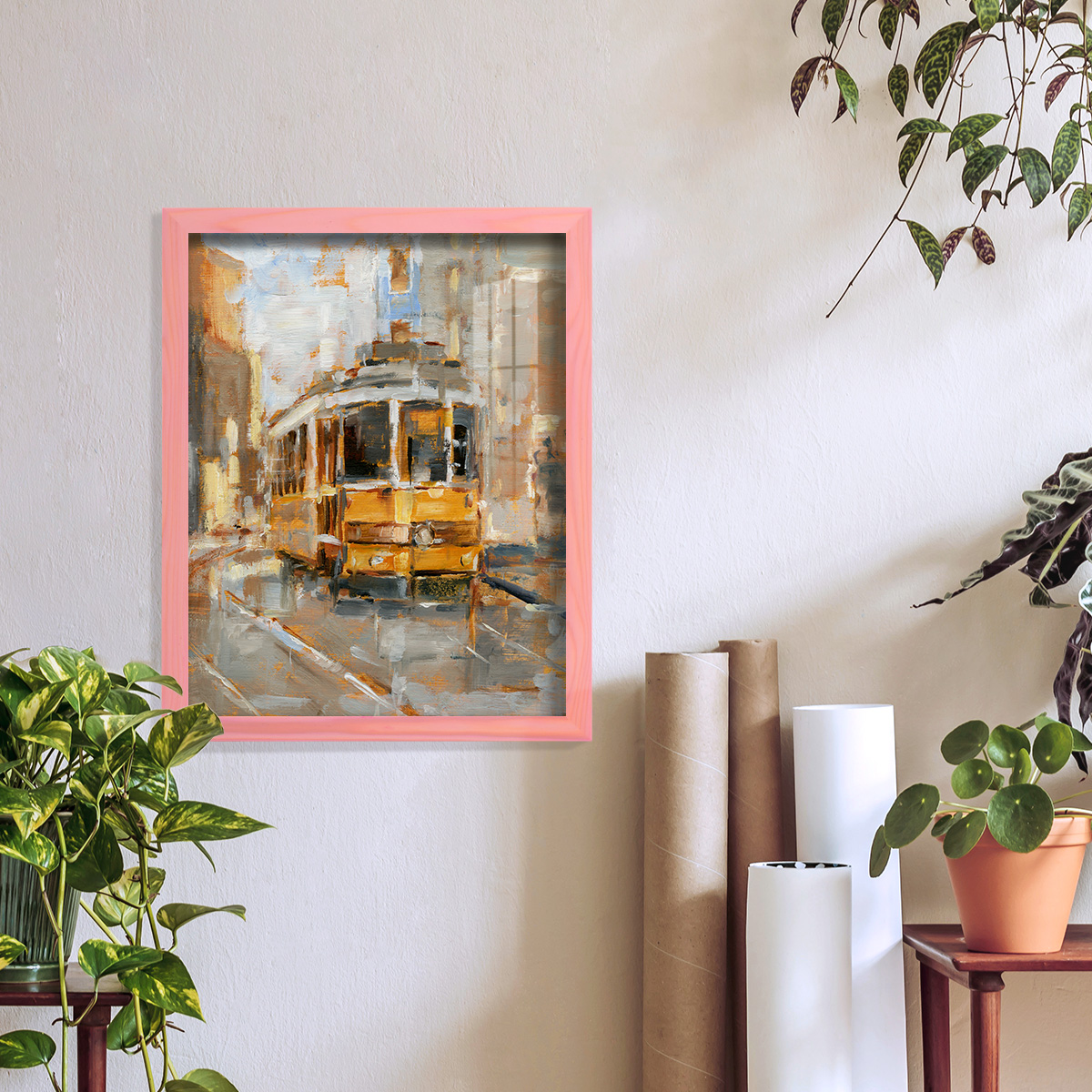 Day Trolley II - Framed Print w/glass - Sunset Pink