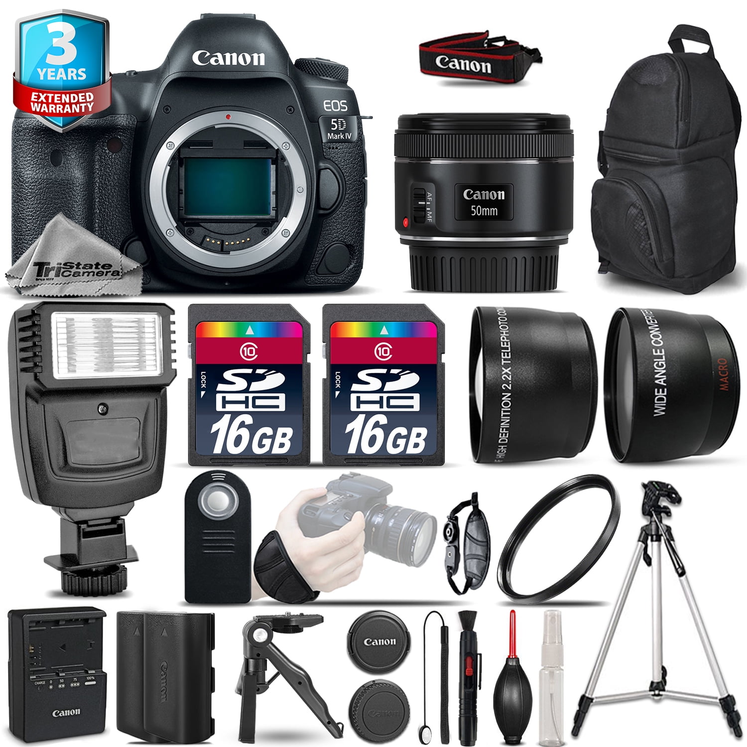 Canon EOS 5D Mark IV Camera + 50mm - 3 Lens Kit + Flash + EXT BAT + 2yr