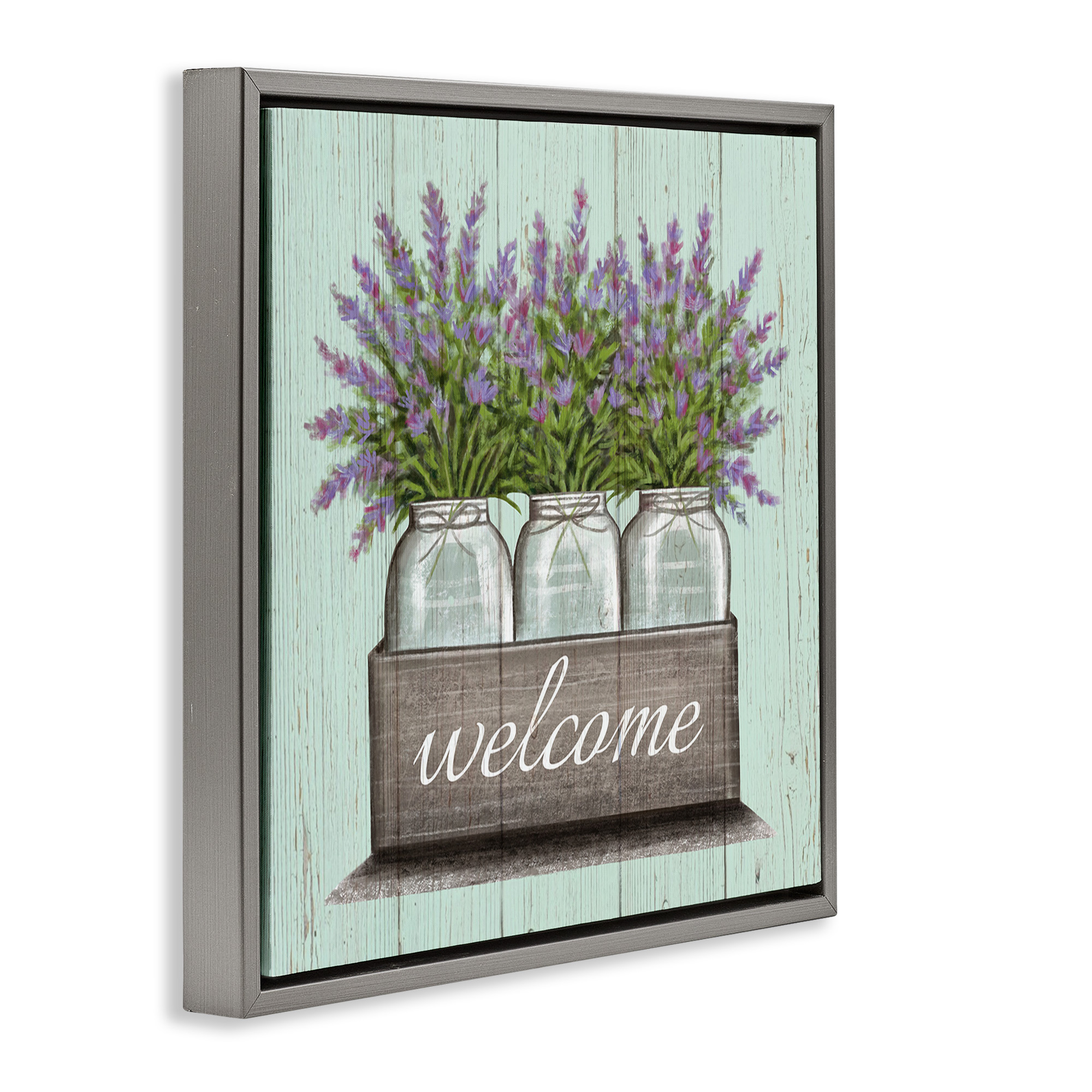 Stupell Industries Purple Lavender Florals in Jars Botanical & Floral Painting Gray Floater Framed Canvas Art Print Wall Art, 25 x 25