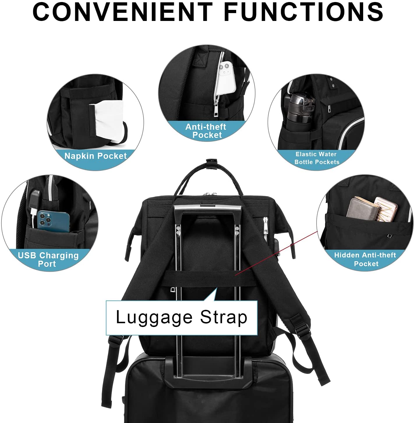 Laptop Backpack for Women 15.6 Inch Travel School College Backpack Nurse Teacher Work Bags Computer Backpack Casual Daypack Purse, Black - image 3 of 7