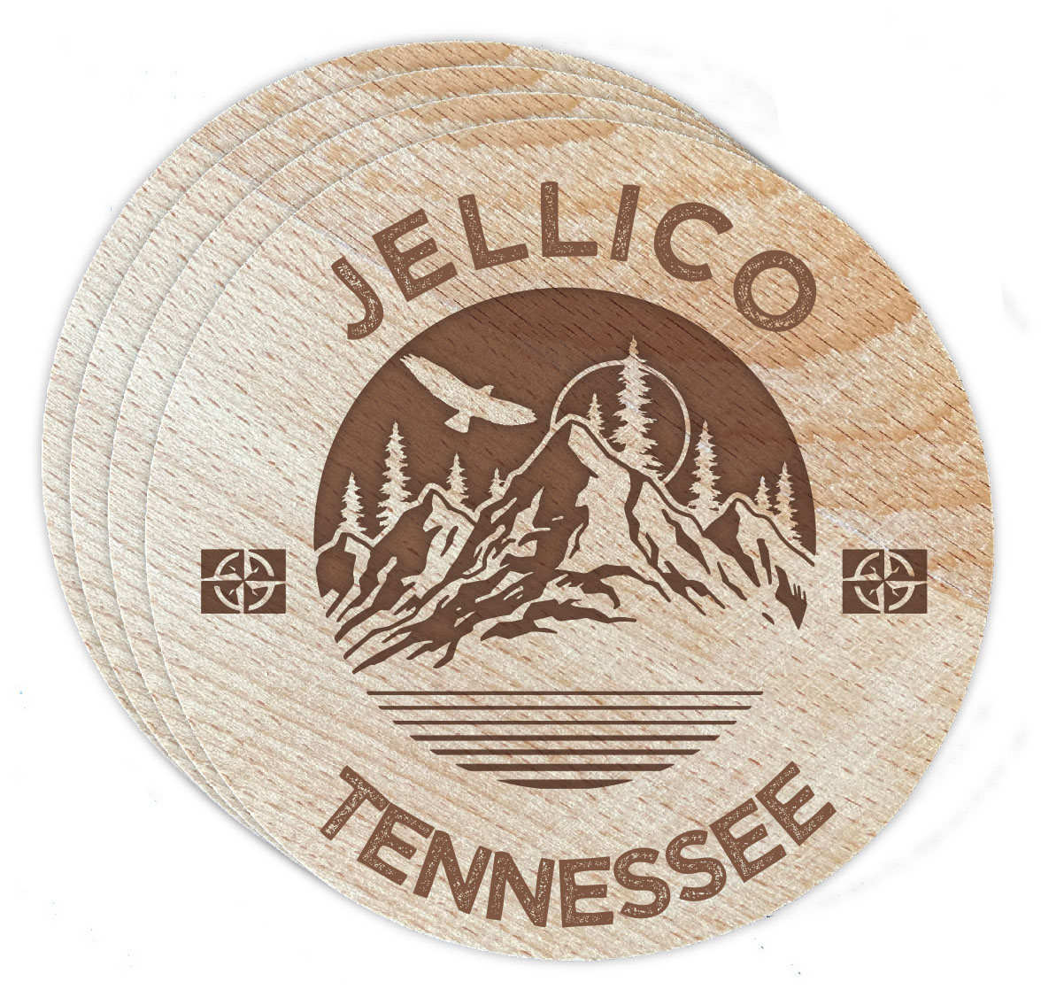 Jellico Tennessee 4 Pack Engraved Wooden Coaster Camp Outdoors Design