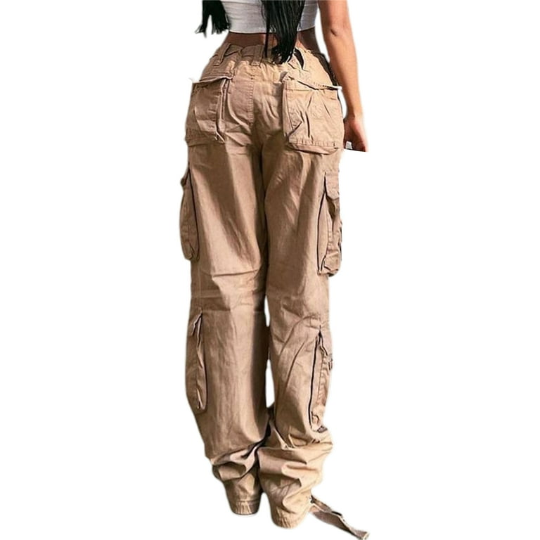 Sunisery Women Cargo Pants High Waist Straight Leg Baggy Pants E-Girls  Boyfriend Trousers Streetwear Khaki M