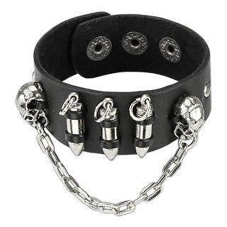 - Black Leather Bracelet with Chained Skulls and Three Bullets Adjustable Snap