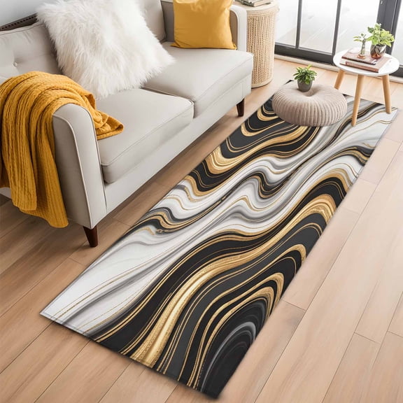 Black Golden Marble Kitchen Runner Rug 2x6 Washable Runners for Hallway Non Slip Gray White Ombre Abstract Texture Large Area Rug Indoor Floor Carpet for Bathroom Laundry Entryway Bedroom Living Room