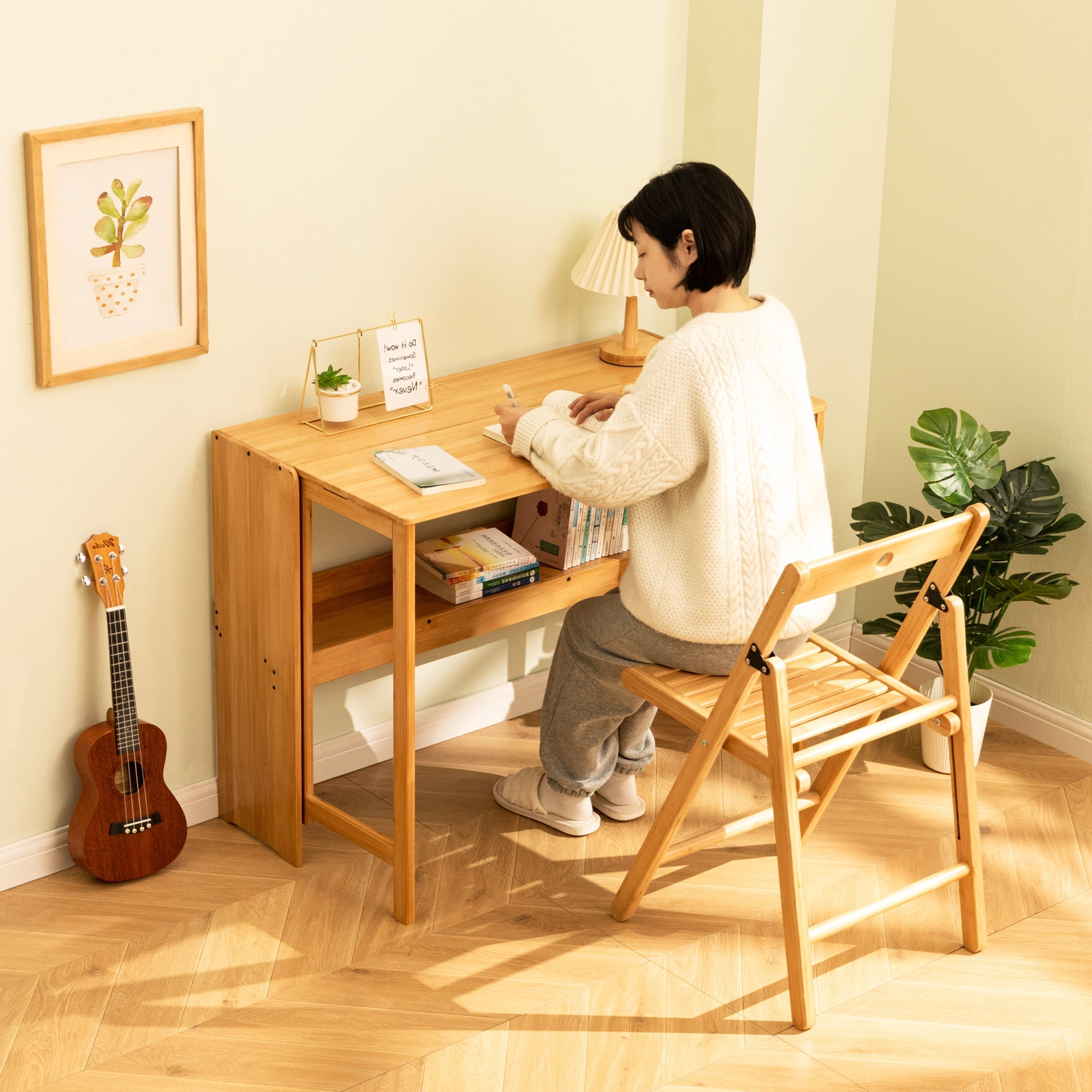 Leumius Bamboo Folding Desk,Space-Saving Computer Desk for Small Spaces, Foldable Study Table for Bedroom Home Office Dorm Apartment (Natural)