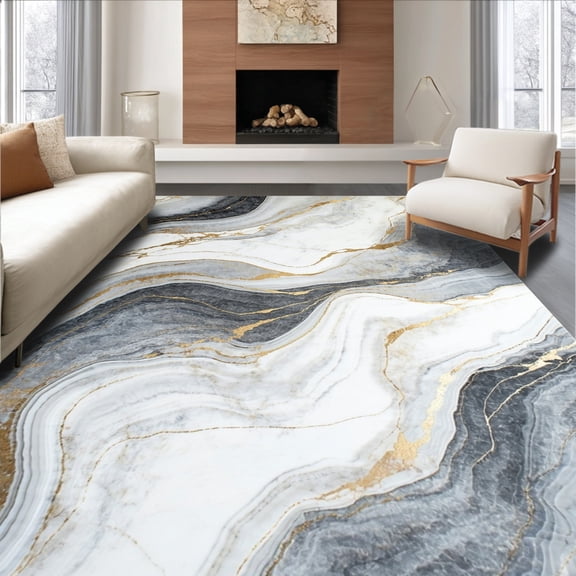 ODIKA 4'x6' Machine Washable Non-Slip Area Rug, Artistic Marble Swirl with Fluid Orbiting Ovals High Traffic Rug, Gray, 143248