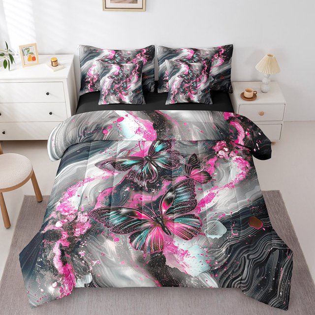Black Marble 7 Piece Comforter Set Full Bed in a Bag Teal Butterfly Bedding Sets,Magenta Marbling Sheet Set Abstract Ombre Ink Fluid Art Bed Set,Rustic Animal Dreamy Butterflies Room Decor Aesthetic