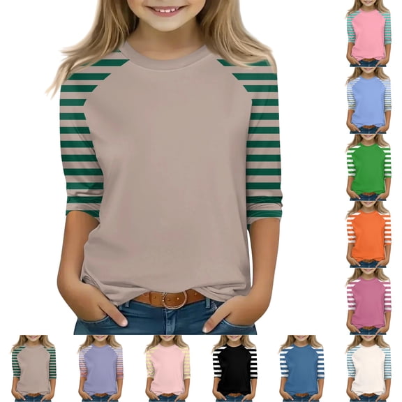 LTTVQM Girls 3/4 Length Sleeve Tops Workout Winter Fashion Graphic Casual Raglan Striped Tee Comfy Crewneck Blouse Tween Girls Clothes 2-13 Years