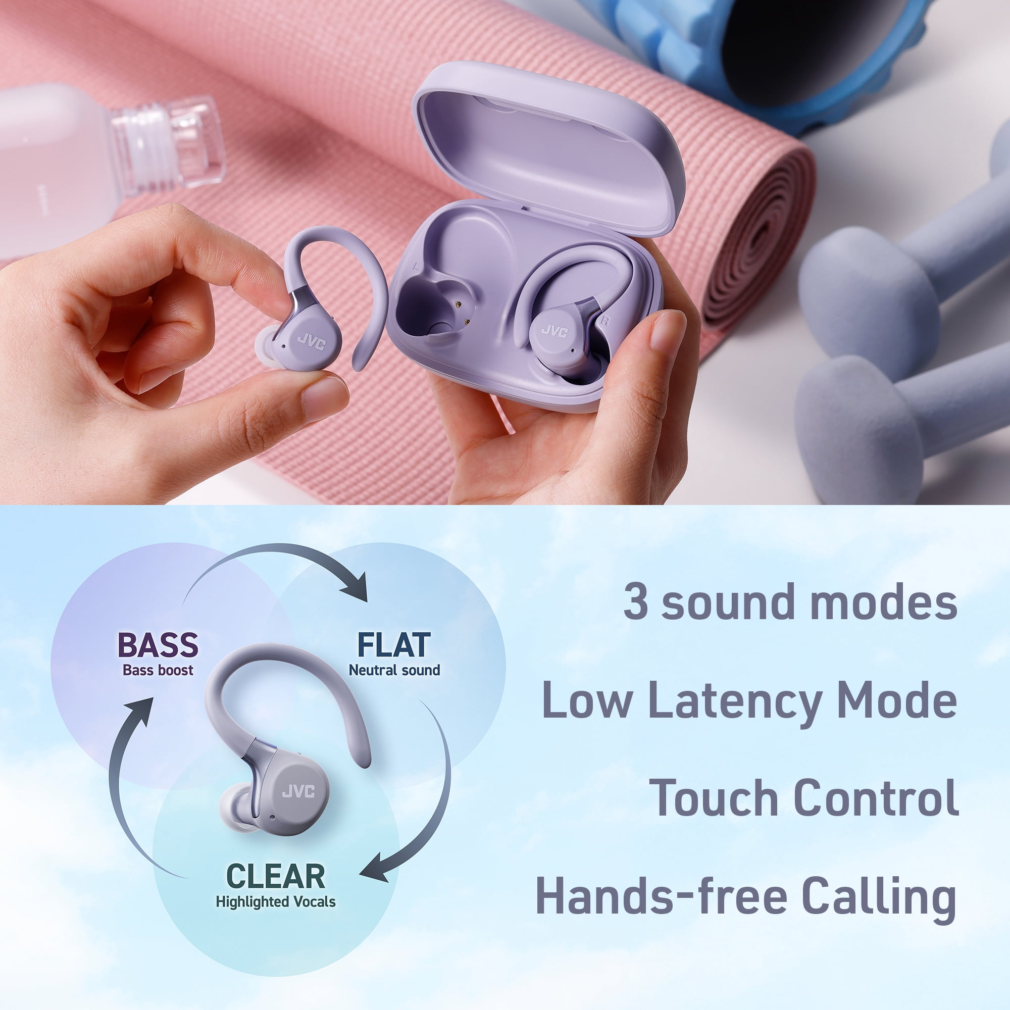 JVC Fitness Series True Wireless Sport Earbuds with Adjustable Hooks, Active Noise Cancelling, Ambient Sound Mode, IP57 Waterproof, 40hr Long Battery Life, App EQ, Low Latency, Mic