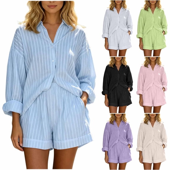 justHIGH Womens 2 Piece Outfits Striped Long Sleeve Button Down Collared Blouse Shirt Matching Shorts Sets for Spring Summer Blue,XL
