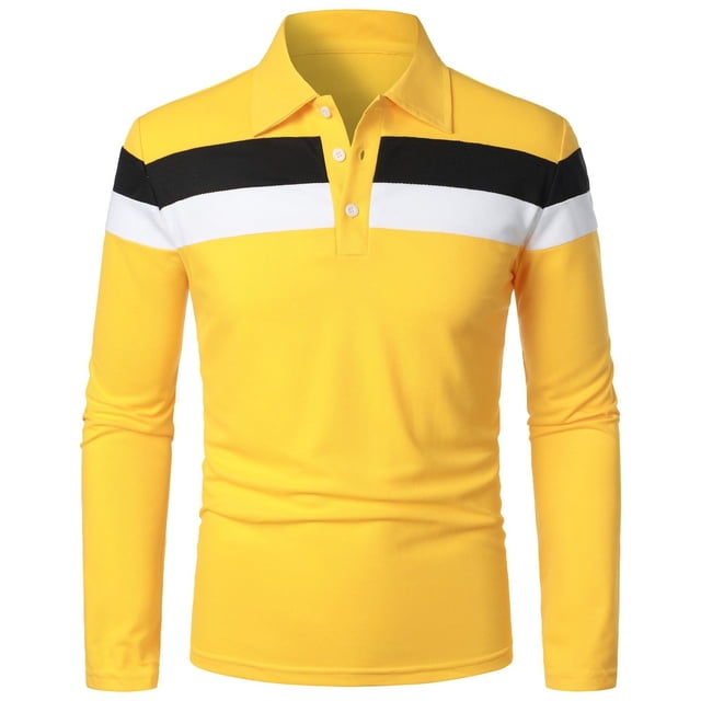 SOMOWI Men's T Shirts Patchwork Splicing Button Turn Down Long Sleeve Yellow Fall Top 4XL