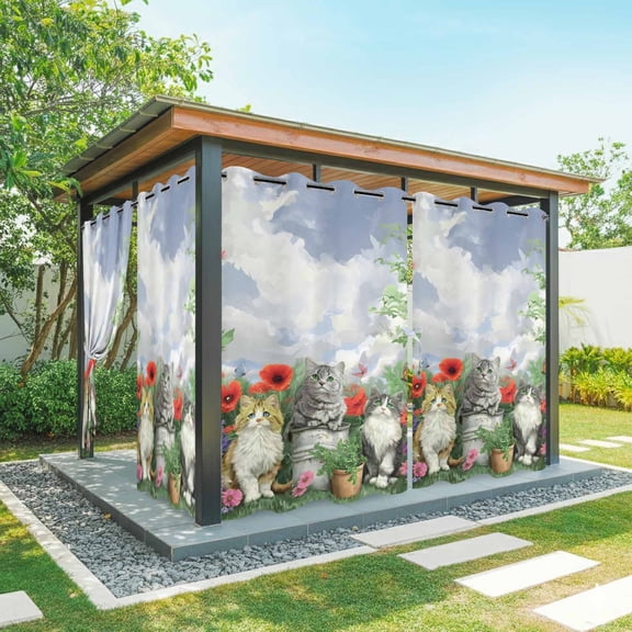 Outdoor Curtains for Patio Waterproof, Spring Garden Cats Outdoor Privacy Panels Grommet, Farmhouse Animals Floral Botanical Blackout Outside Curtains for Porch/Cabana/Pergola/Gazebo 54"x84", 1 Panel
