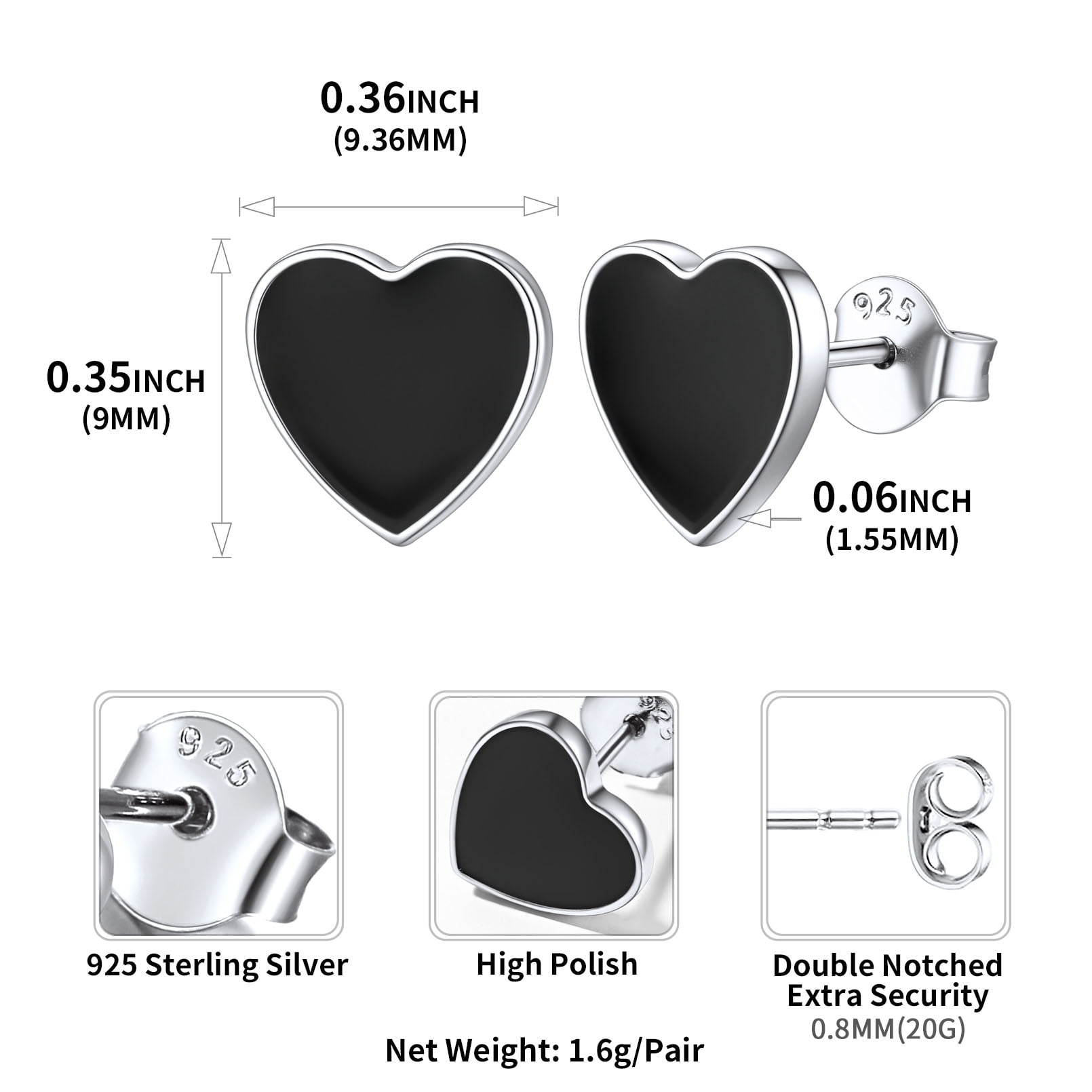 ChicSilver 925 Sterling Silver Earrings, Small Black Heart