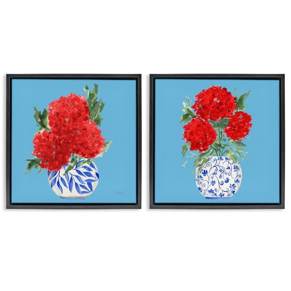 Stupell Industries Bright Red & Blue Hydrangeas 2 Piece Black Framed Floater Canvas Set, design by Lucille Price