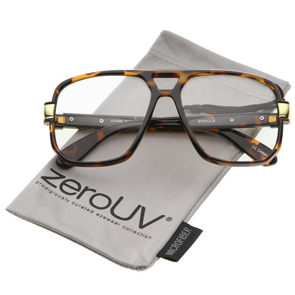 zerouv - classic flat top metal accented temples clear lens square aviator glasses 56mm - 56mm