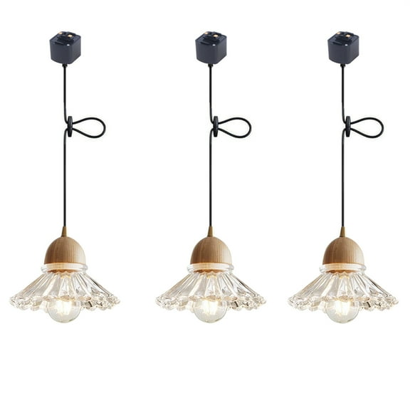 JLOWCO 3 Pack Track Lighting Pendants Adjustable Height Light Fixture Dining Room Wooden Farmhouse Glass Light Fixture Kitchen Lights Ceiling Hanging Over Table (LED Bulb Include)