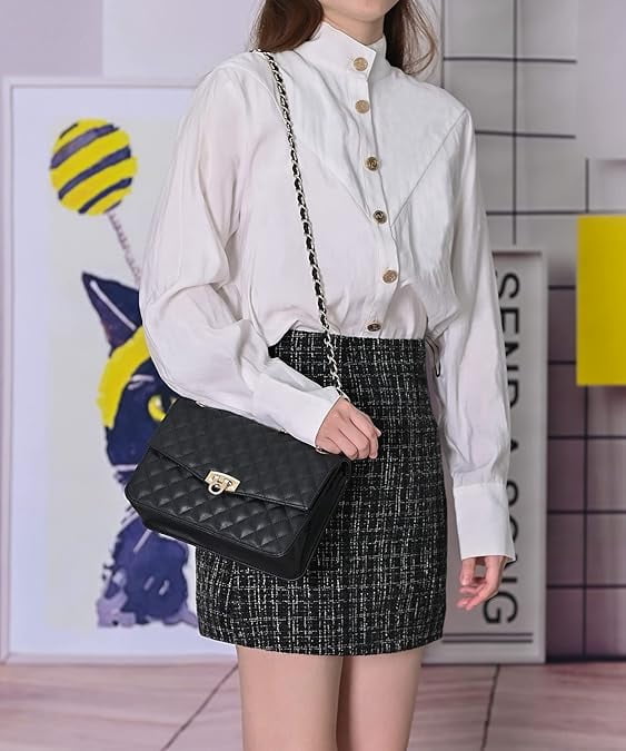 RKXQT Quilted Shoulder Bag for Women, Medium Flap Crossbody Handbag with Chain Strap, Soft Vegan Leather Clutch Purse  Blue Color: Black