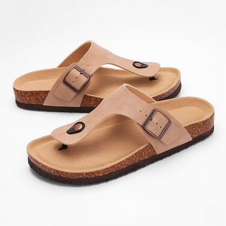 HYwys 2024 Cork Flip Flops For Women Men Flats Sandals Leather Summer House Slides Open Toe Beach Shoes With Adjustable Buckle