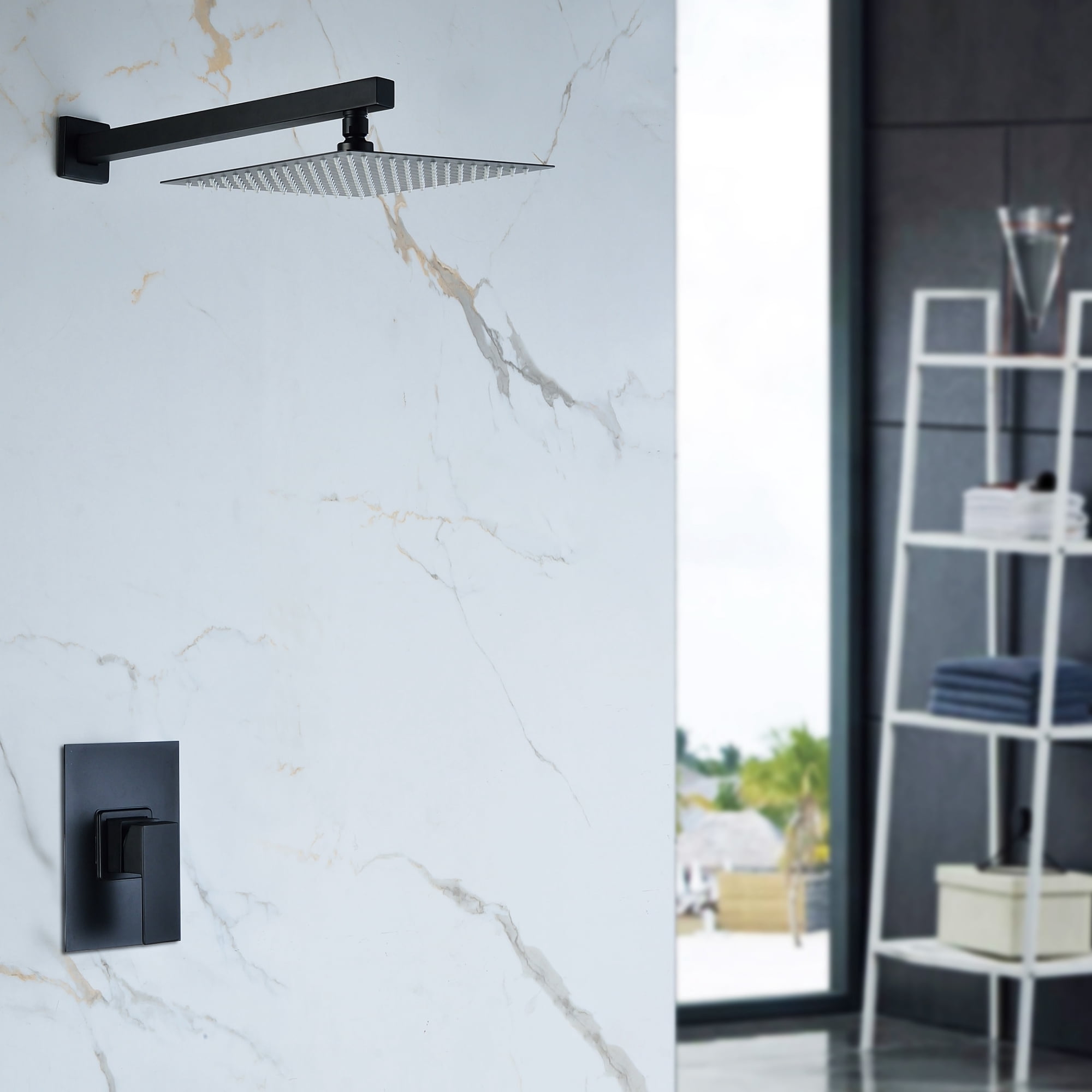 Kichae 10 inch Black Rain Shower Head with Extension Arm and Rough-in Valve Trim Kit Shower Faucet Set