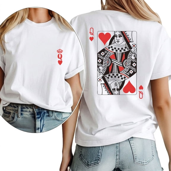 Queen of Hearts T Shirts for Women Retro Playing Card Graphic Tees Fashion Short Sleeve Tops Cotton Shirts for Daily Outfits White,S