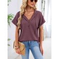 thumbnail image 6 of Women Summer Tops Waffle Knit Short Sleeve Drawstring Hoodies Button V Neck Casual Blouses Shirts Brick Red XL, 6 of 9