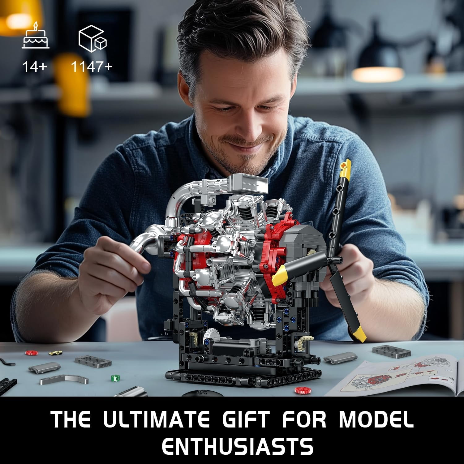 Aircraft Engine Building Blocks Set Mini Radial Aviation Engine Model Kit with Motor, 7 Cylinder Engine Engineering Building Kits, DIY STEM Construction Toys for (1147 PCS)