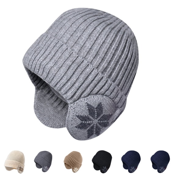 Domzle Winter Fleece Line Beanie Knit Hats with Ear Flaps for Men Women,Warm Thermal Stocking Caps for Outdoor Cold Weather Light Gray