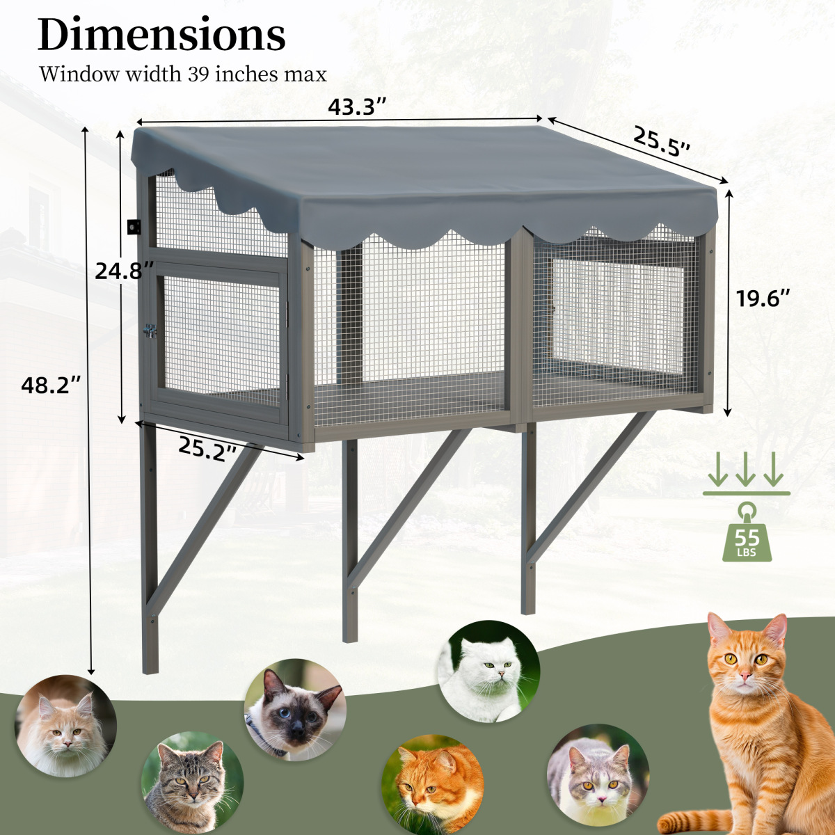 Cat Catio, Window Box Enclosure for Indoor Cats, Wooden Window Perch House, All Weather Comfortable Outdoor Haven for Pets, Expandable for Multi Kittens, Gray